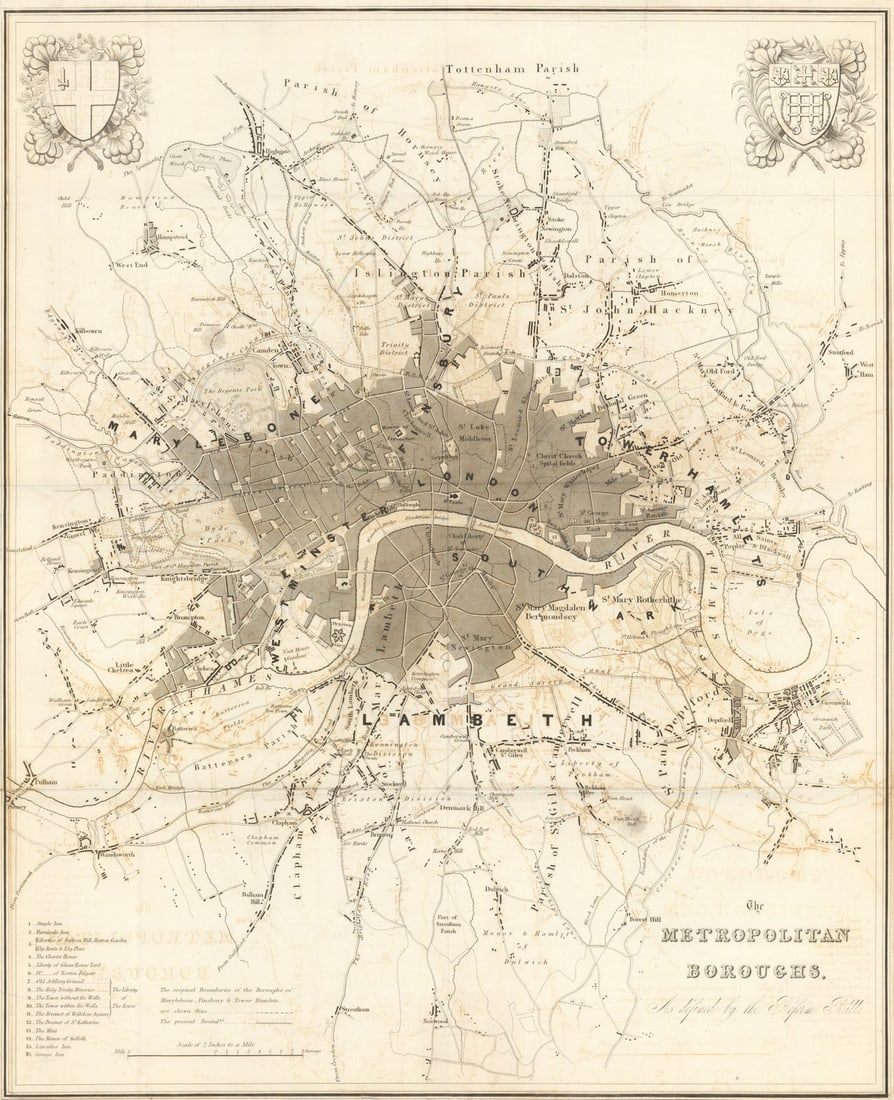 London Metropolitan Boroughs as defined by the Reform Bill. Moule 1837 old map: The Metropolitan Boroughs as defined by the Reform Bill' by Moule, Thomas. Published 1837. Antique engraved map. Size 51 x 62 cm | 20.0 x 24.5 inches. Condition: Good; suitable for framing. Please