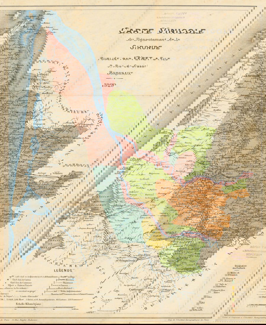Carte Vinicole du Département de la Gironde. Bordeaux Wine. FERET 1929 old map: Carte Vinicole du Département de la Gironde' by Feret et Fils. Published 1929. Antique colour wine map. Size 48 x 39 cm | 19.0 x 15.0 inches. Condition: Good; suitable for framing. Please check