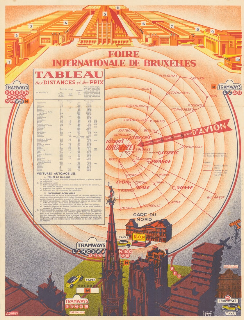 18ieme Foire Internationale de Bruxelles. Aircraft travel distances 1938 map: [18ieme] Foire Internationale de Bruxelles [Du Dimanche 13 au Dimanche 27 Mars 1938] - Tableau des Distances et des Prix. J. van den Bergh 1937. Published 1938. Vintage exhibition promotional map.