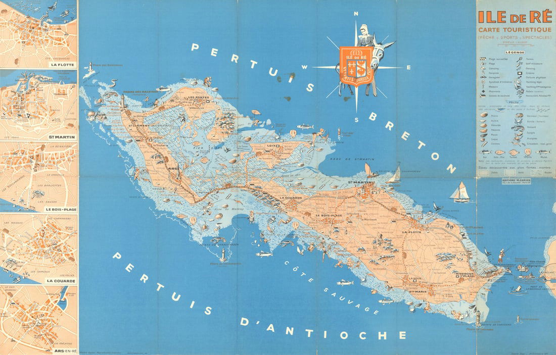 Ile de Ré carte touristique. Pêche, Sports… Vintage pictorial tourist map 1961: Ile de Ré - Carte Touristique (Pêche - Sports - Spectacles) // La Flotte // St. Martin // Le Bois-Plage // La Couarde // Ars-en-Ré'. A charming midcentury folding pictorial tourist map