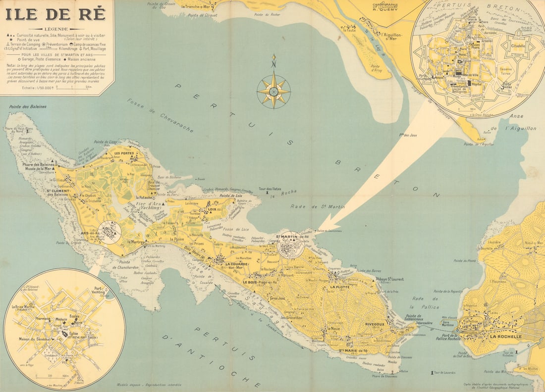 Carte Touristique de l'Ile de Ré. St. Martin plan. Vintage tourist map c1955: Carte Touristique de l'Ile de Ré // St. Martin-de-Ré'. A charming midcentury folding tourist map of the exclusive French holiday destination, Île de Ré in Charente-Maritime . Carto