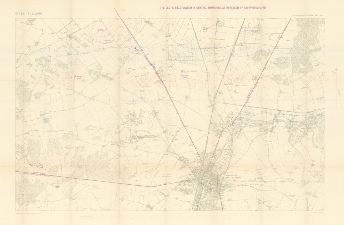 Central Hampshire Celtic field-system from air photographs RGS/Crawford 1923 map: The Celtic field-system in central Hampshire as revealed by air photographs.'. Osbert Guy Stanhope Crawford (1886–1957) was a British archaeologist who specialised in the archaeology of
