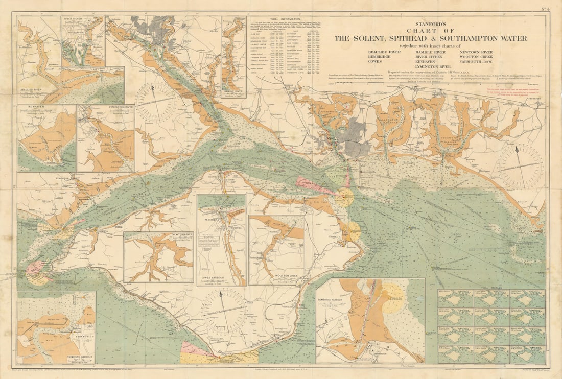 Stanford's Chart of the Solent, Spithead & Southampton Water. I.O.Wight 1932 map: Stanford's Chart of the Solent, Spithead & Southampton Water together with inset charts of Beaulieu River, Bembridge, Cowes, Hamble River, River Itchen, Keyhaven, Lymington River, Newtown River,