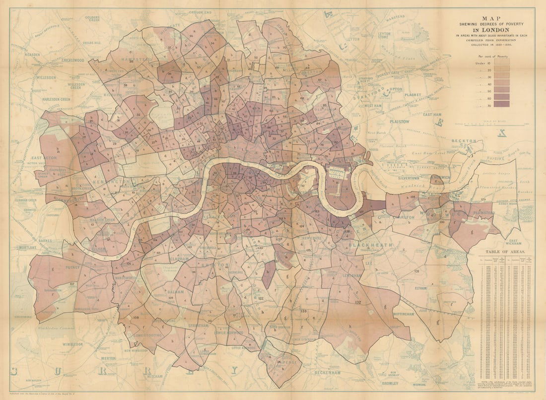 Map shewing degrees of Poverty in London… by Charles Booth 66x90cm 1891: Map shewing degrees of Poverty in London in areas with about 30,000 inhabitants in each, compiled from information collected in 1889-1890'. This, perhaps the scarcest of Charles Booth's famous poverty