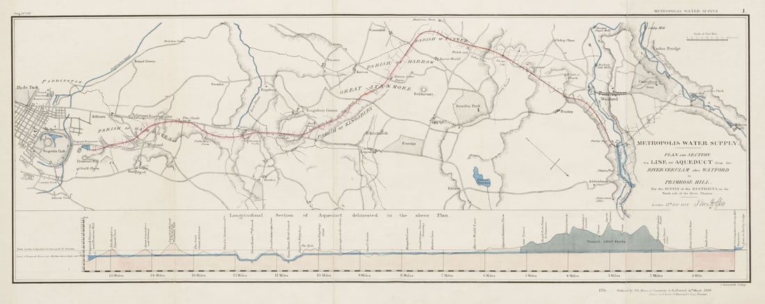 London Water Supply. Proposed aqueduct Watford-Primrose Hill. TELFORD 1834 map: Metropolis Water Supply. Plan and section of a line of aqueduct from the River Verulam above Watford to Primrose Hill for the supply of the districts on the north side of the River Thames' by Bartholo