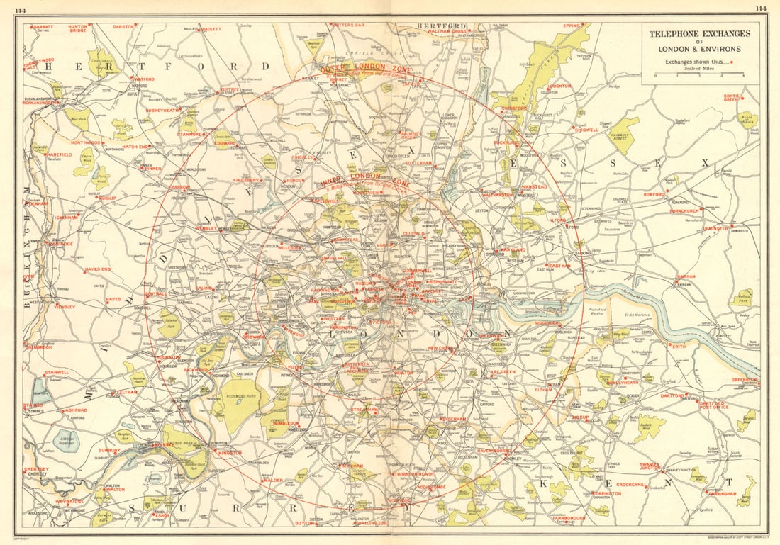 LONDON. Telephone Exchanges of London & Environs 1923 old antique map chart: Telephone Exchanges of London & Environs' by The Geographia Map Company. Published 1923. Colour vintage street atlas map, printed on 2 separate sheets. Size 29 x 43 cm | 11.5 x 16.5 inches.