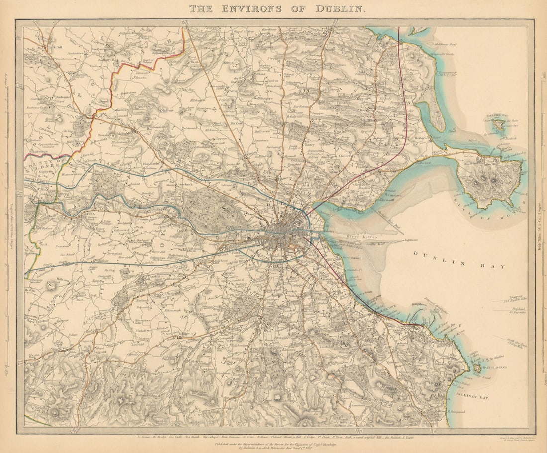 IRELAND. The environs of Dublin. SDUK 1844 old antique vintage map plan chart: THE ENVIRONS OF DUBLIN' by S.D.U.K. - Society for the Diffusion of Useful Knowledge. Published 1844 - This map was originally published by Baldwin & Cradock in 1837; this date is printed on the map.
