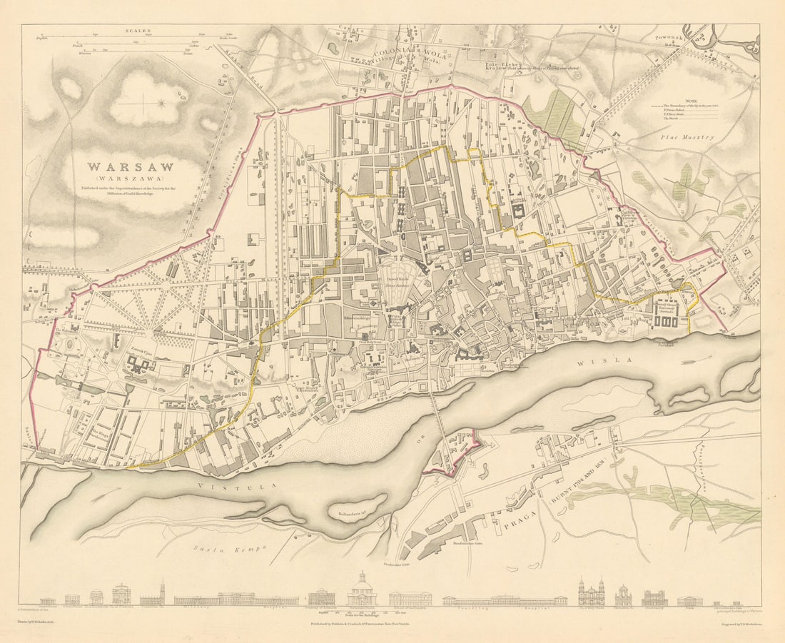 WARSAW WARSZAWA. Antique town city map plan. Building profiles.Colour.SDUK 1844 (1 of 1)