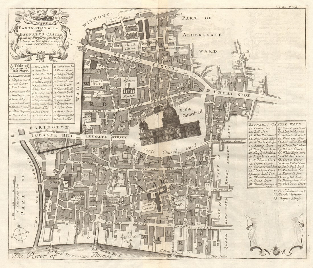 Farringdon Within & Baynards Castle'. St Paul's Cathedral. STOW/STRYPE 1720 map: The Wards of Farringdon Within and Baynards Castle'. This map shows the western part of the City of London, bounded to the west by the old London Wall and Fleet River. St Paul's cathedral is