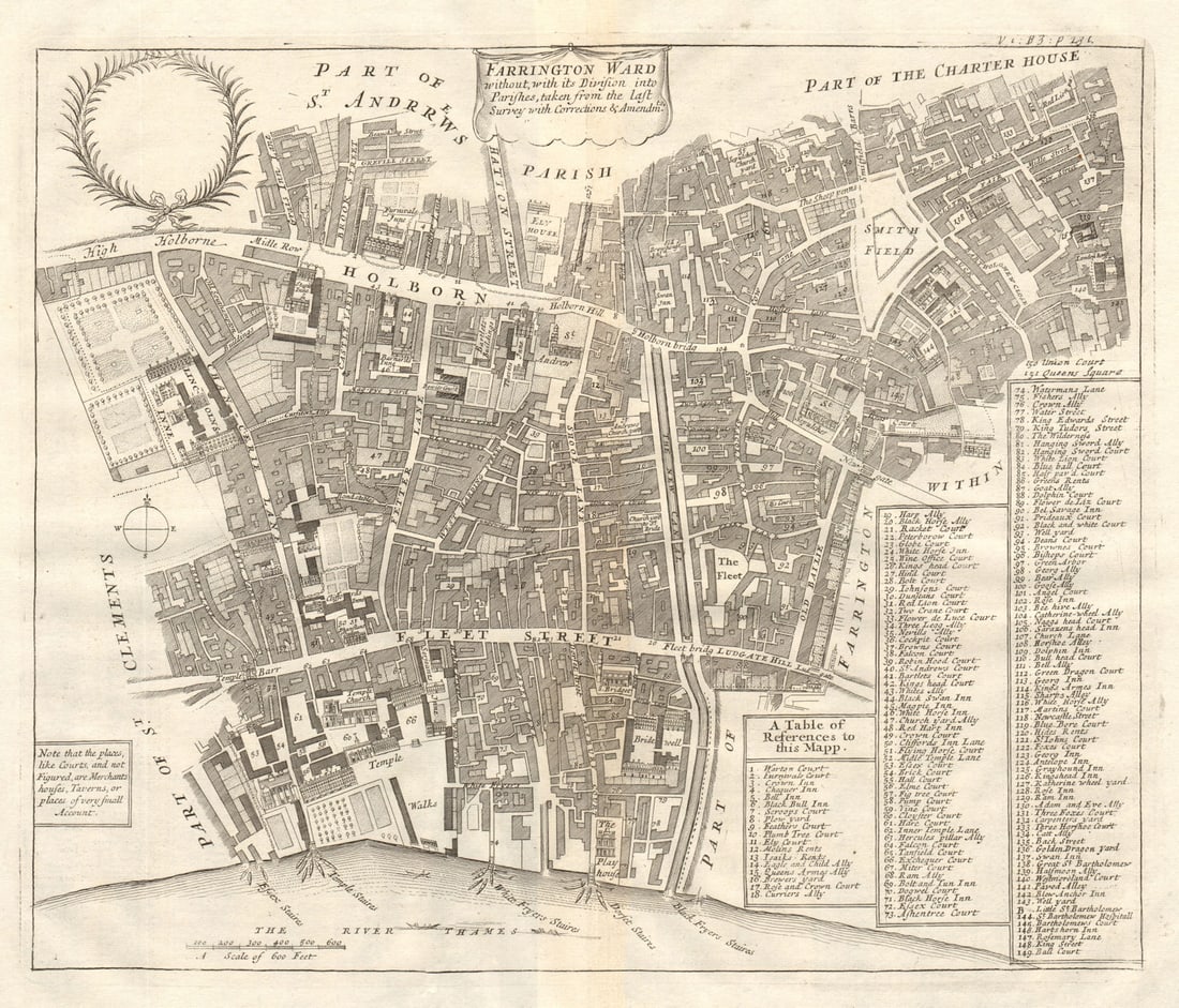 Farringdon Ward without. Fleet Street. Holborn. Smithfield. STOW/STRYPE 1720 map: Farringdon Ward without'. This fabulous map depicts much of legal London between High Holborn and the Thames. The main thoroughfares marked include Fleet Street, Chancery Lane, and the Fleet River.