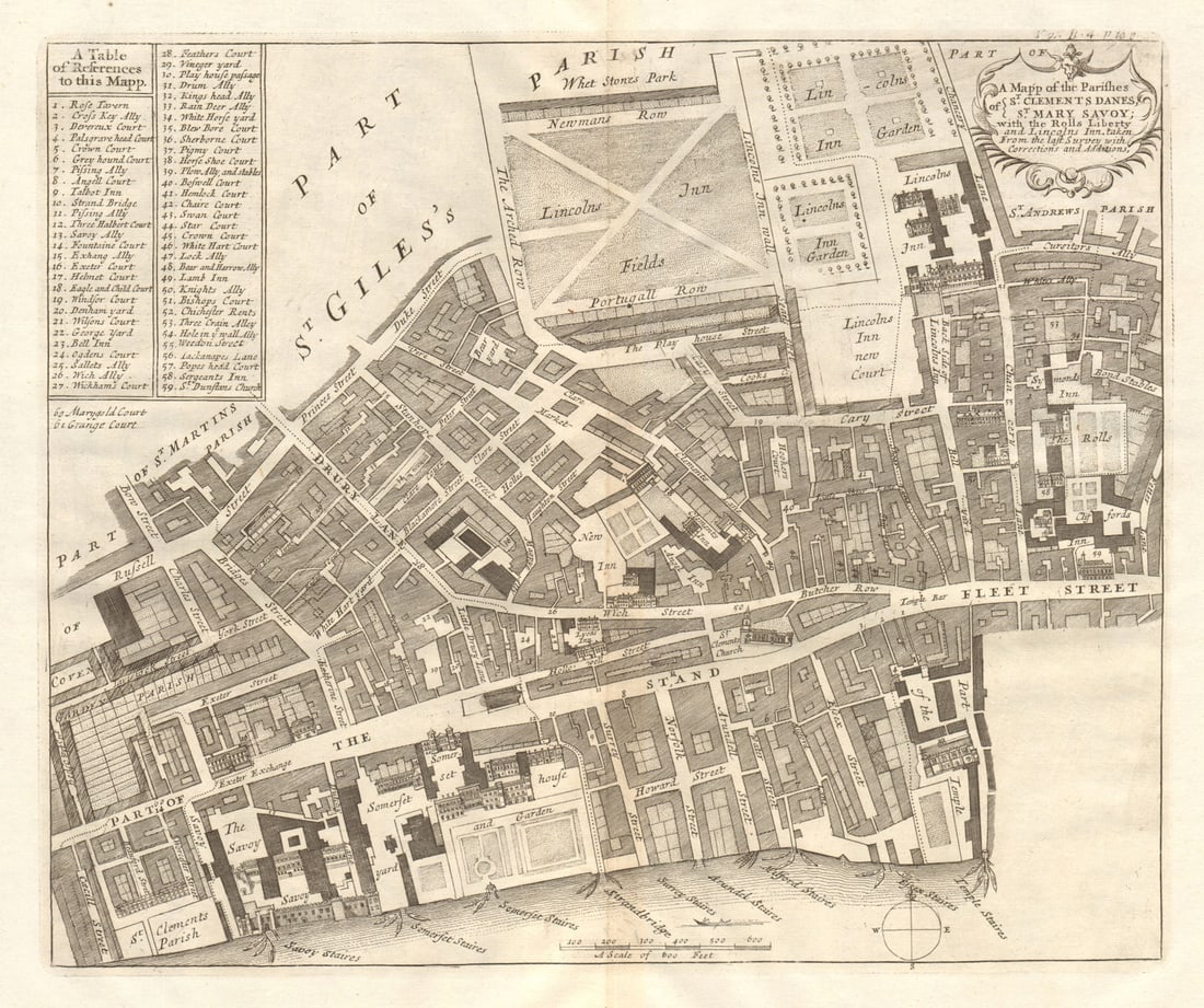 St Clements Danes St Mary Savoy Rolls Liberty Lincolns Inn. STOW/STRYPE 1720 map: A mapp of the parishes of St Clements Danes, St Mary Savoy, with the Rolls Liberty and Lincolns Inn'. The map shows the eastern part of Covent Garden and much of legal London, prior o the much later