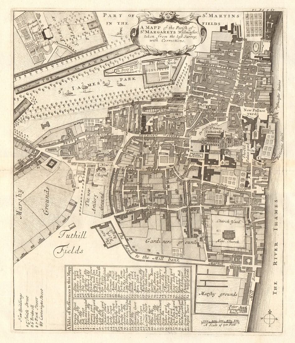 The Parish of St Margaret's, Westminster. St James's Park. STOW/STRYPE 1720 map: A mapp of the Parish of St Margaret's, Westminster'. This fabulous map shows Westminster, including the old palace of Westminster and Westminster Abbey (named under its correct title of "St Peter's