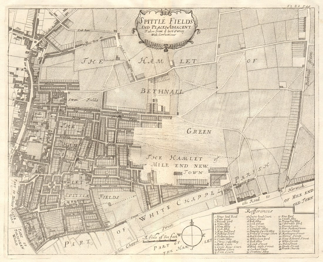 Spittle Fields & places adjacent'. Spitalfields Shoreditch.STOW/STRYPE 1720 map: Spittle Fields and places adjacent'. This fabulous map shows the "Hamlet of Spittlefields", along with the "Hamlet of Bethnal Green" in the upper right part of the map. The upper part of