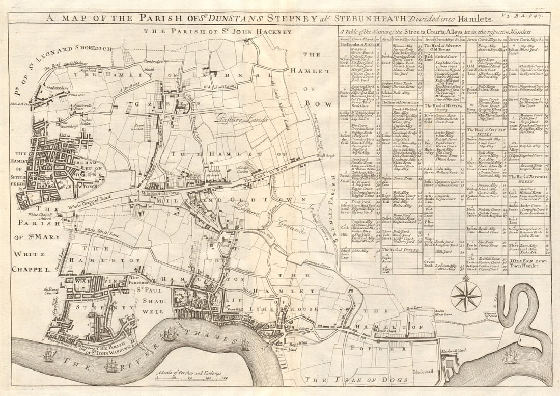 The parish of St Dunstan's, Stepney'. Mile End. Wapping. STOW/STRYPE 1720 map: A map of the parish of St Dunstan's, Stepney, also Stebunheath, divided into Hamlets'. The map shows what were then the scattered hamlets of Mile End (left hand side and centre), Bethnal Green (top),