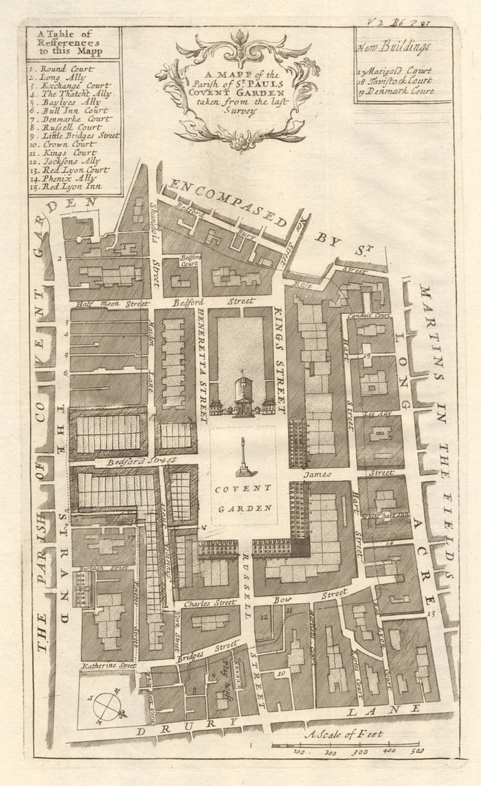 The parish of St Paul's, Covent Garden. Strand. Long Acre. STOW/STRYPE 1720 map: A mapp of the parish of St Paul's, Covent Garden'. The map shows Covent Garden, orientated towards the west. The site of Covent Garden market is in the centre. Drury Lane is at the bottom, Long Acre r
