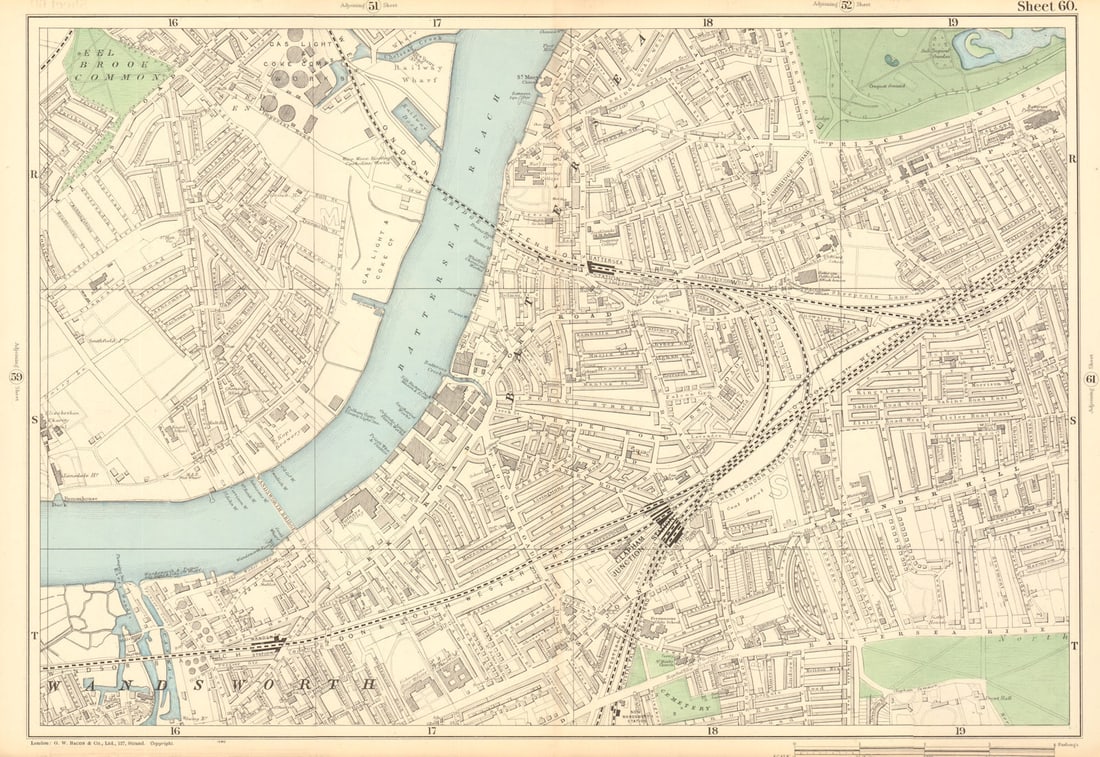 BATTERSEA Wandsworth Clapham Junction Lavender Hill Battersea Rise 1903 map: Sheet 60 from Bacon's 1903 London street atlas covering part of South West London including Wandsworth, Battersea, Clapham Junction, Sands End, Battersea, Lavender Hill, Battersea Rise, Imperial Wharf