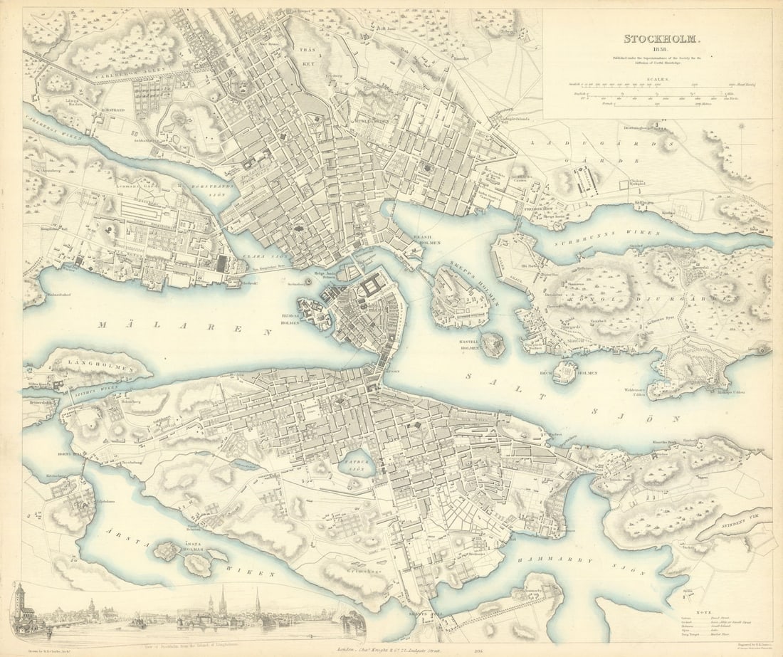 STOCKHOLM. Antique town city map plan. Inset panorama view. SDUK 1847 old (1 of 1)
