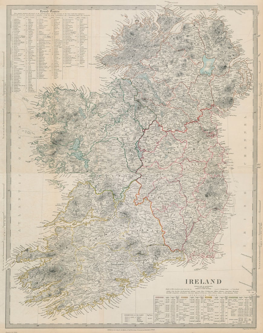 IRELAND on 2 sheets conjoined 62x50 cm. Round towers Cloigthithe. SDUK 1844 map (1 of 1)