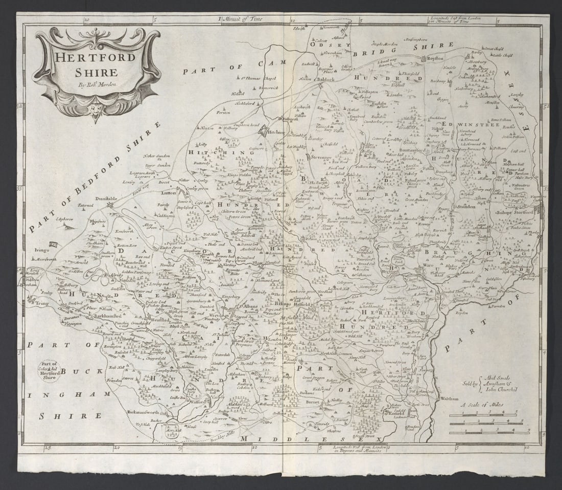Hertfordshire. 'HERTFORD SHIRE' by ROBERT MORDEN in Camden's Britannia 1695 map (1 of 1)
