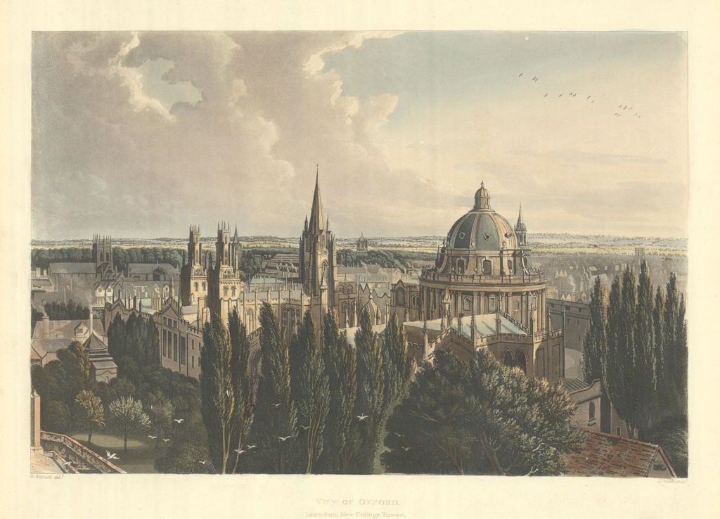 View of Oxford, taken from New College Tower. Ackermann's Oxford University 1814: View of Oxford, taken from New College Tower'. Engraved by John Bluck after William Westall. Published 1814. Antique aquatint (colour) print. Size 23 x 32 cm | 9.0 x 12.5 inches. Condition: Good; suit
