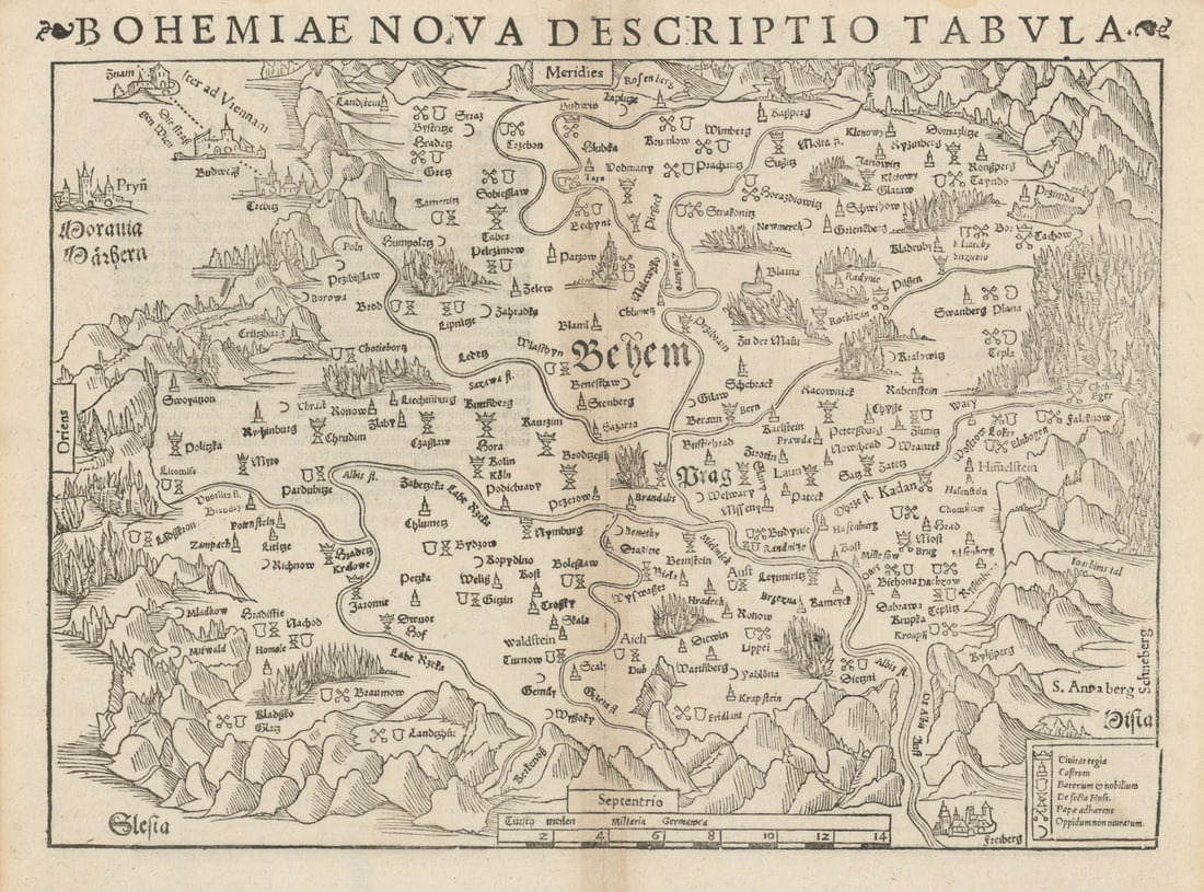 Bohemiae Nova Descriptio Tabula. Bohemia, Czechia. SEBASTIAN MÜNSTER 1572 map: Bohemiae Nova Descriptio Tabula [Bohemia]. The map is orientated towards the South by Münster, Sebastian. Published 1572. Antique 16th century woodcut map. Size 29 x 39 cm | 11.0 x 15.0 inches.