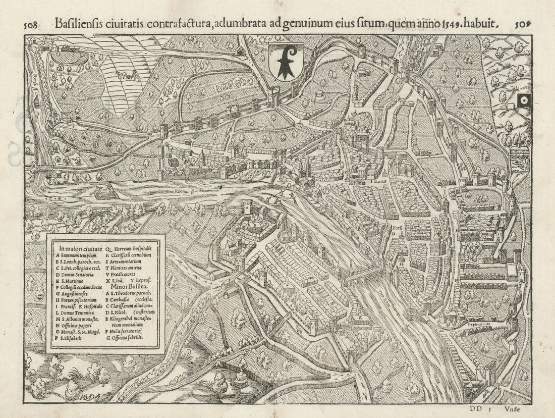 Basiliensis civitatis… The city of Basel, Switzerland. MÜNSTER 1572 old map: Basiliensis civitatis contrafactura, adumbrata ad genuinum eius situm quem anno 1549 [The city of Basel]. Sebastian Münster / CS (Christoph Stimmer)/RMD ([Hans] Rudolph Manuel Deutsch). Published