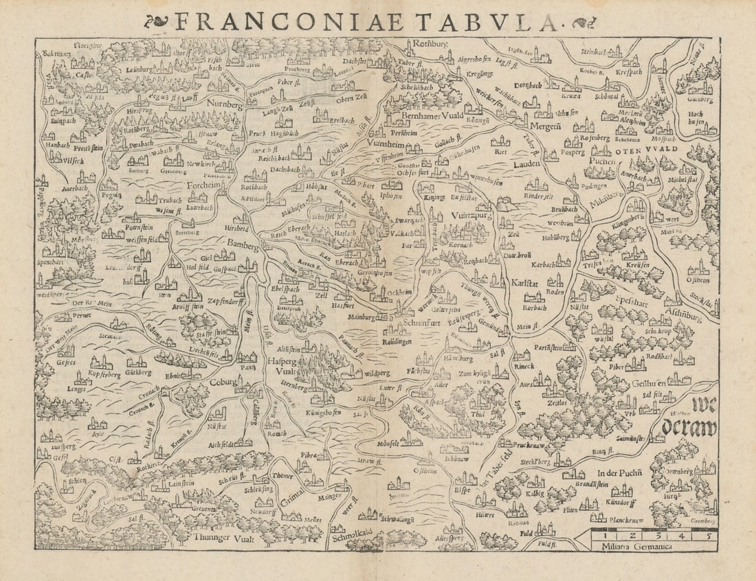 Franconiae Tabula. Franconia, Bavaria. Orientated south. MÜNSTER 1572 old map: Franconiae Tabula [Franconia]. The map is orientated towards the South by Münster, Sebastian. Published 1572. Antique 16th century woodcut map. Size 29 x 38 cm | 11.5 x 15.0 inches. Condition: