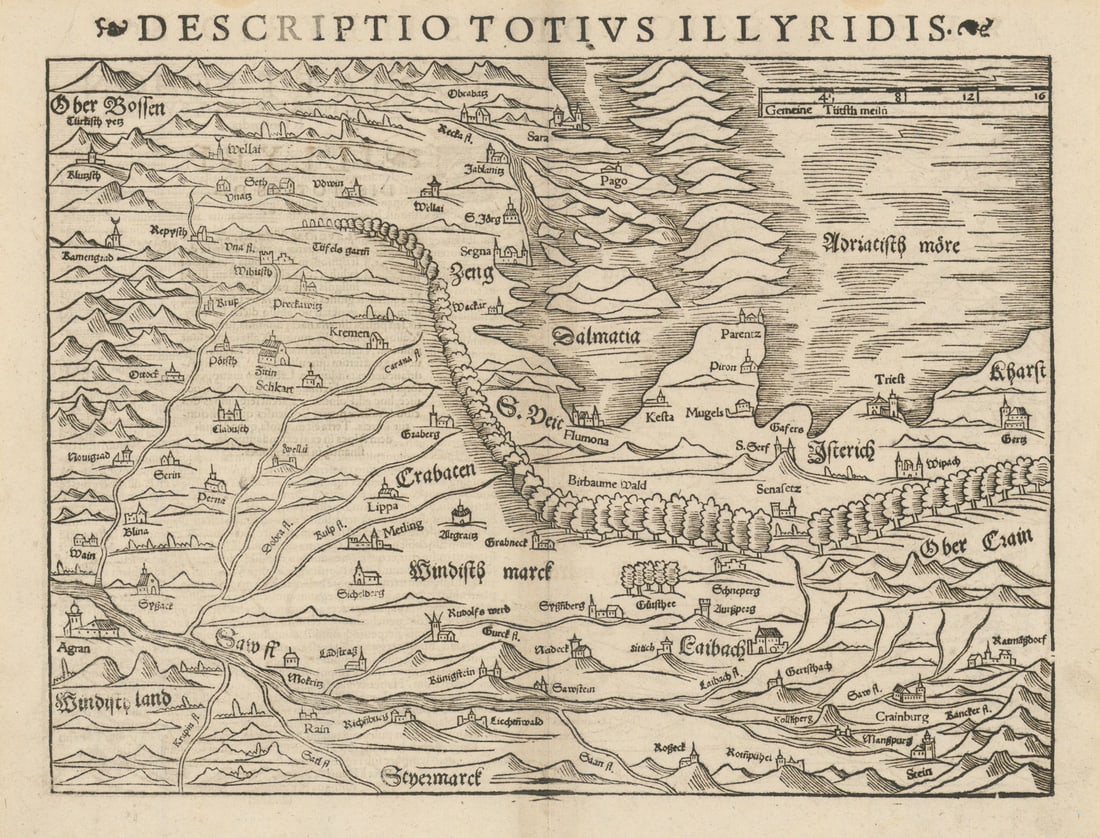 Descriptio Totius Illyridis. Illyria Croatia Bosnia Slovenia. MÜNSTER 1572 map (1 of 1)