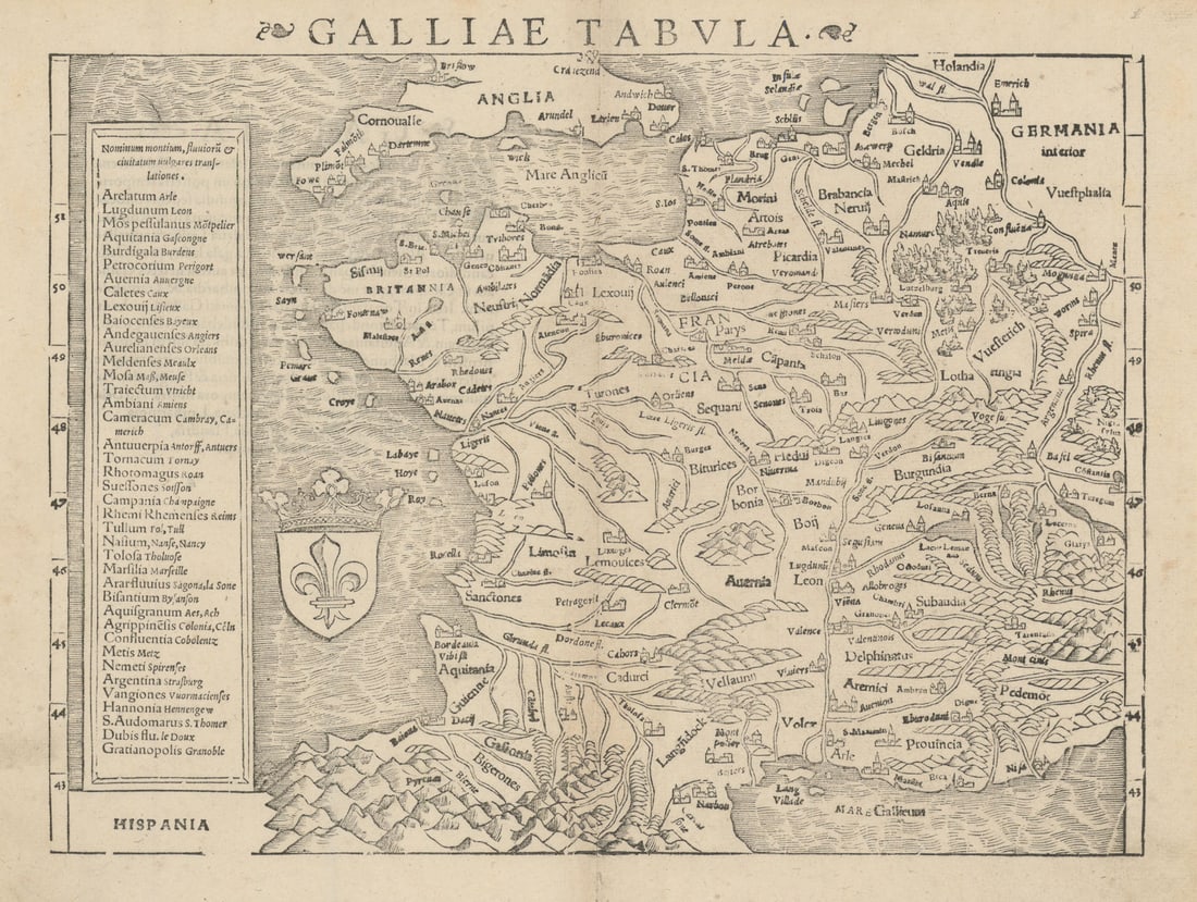 Galliae Tabula. Gaul. France. SEBASTIAN MÜNSTER 1572 old antique map chart: Galliae Tabula [Gaul, France] by Münster, Sebastian. Published 1572. Antique 16th century woodcut map. Size 28 x 38 cm | 11.0 x 15.0 inches. Condition: Good; suitable for framing. Please check