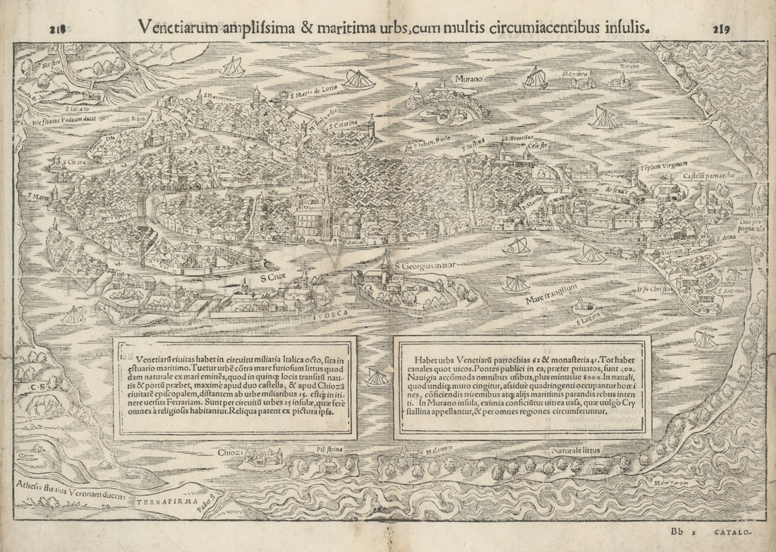Venetiarum amplissima & maritima urbs… The city of Venice. MÜNSTER 1572 map: Venetiarum amplissima & maritima urbs cum multis circumiacentibus insulis [The magnificent maritime city of Venice with its surrounding islands]. An early perspective map view of Venice. One of