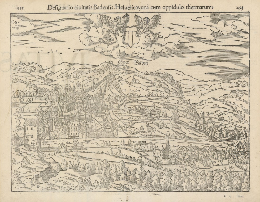 Civitatis Badenisis Helveticae… Baden in Switzerland. SEBASTIAN MÜNSTER 1572 map: Designatio civitatis Badenisis Helveticae, una cum oppidulo thermarum [The city of Baden in Switzerland, together with the spa town]. Sebastian Münster / CS (Christoph Stimmer)/DK (David Kandel).