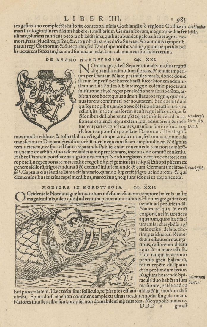 Monstra in Nordwegia. Norway monster. Whale eating a person. MÜNSTER 1572: Monstra in Nordwegia - Balenarum horror [Monsters in Northern Norway - a whale eating a person] by Münster, Sebastian. Published 1572. Antique 16th century woodcut print. Size 28 x 18 cm | 11.0