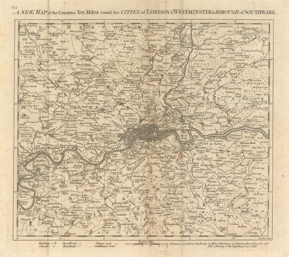 A New Map of the Countries Ten Miles round the Cities of London… COLE 1760: A New Map of the Countries Ten Miles round the Cities of London & Westminster & Borough of Southwark.' by Cole, Benjamin. Published 1760. Antique 18th century copperplate map. Size 29 x 32 cm