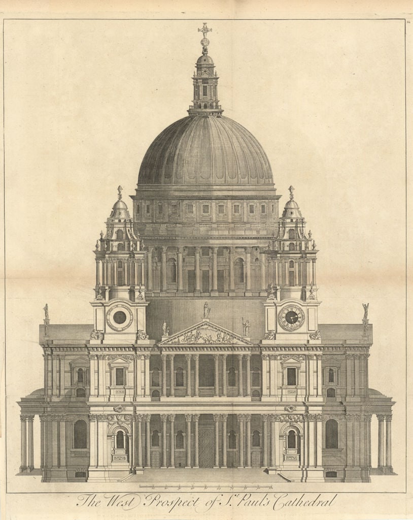 The West Prospect of St Paul's Cathedral by William Henry Toms 1760 old print: The West Prospect of St Paul's Cathedral.'. St. Paul's Cathedral (still exists) . [William Henry Toms]. Published 1760. Antique 18th century copperplate print. Size 48 x 38 cm | 18.5 x 15.0 inches. Co