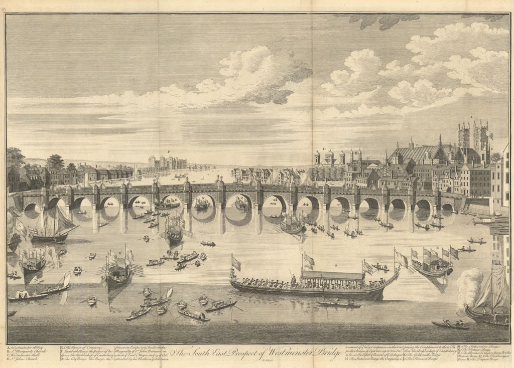 The South East Prospect of Westminster Bridge, London, by Benjamin Cole 1760: The South East Prospect of Westminster Bridge.' by Cole, Benjamin. Published 1760. Antique 18th century copperplate print. Size 41 x 58 cm | 16.0 x 22.5 inches. Condition: Good; suitable for framing.