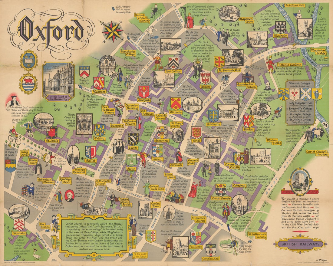 Oxford University pictorial poster map by J.P. Sayer 101x126cm 1949 old: Oxford'. This vibrant 1949 vintage pictorial poster map of Oxford University by J.P. Sayer offers a detailed and engaging view of the historic city, highlighting the University colleges with their