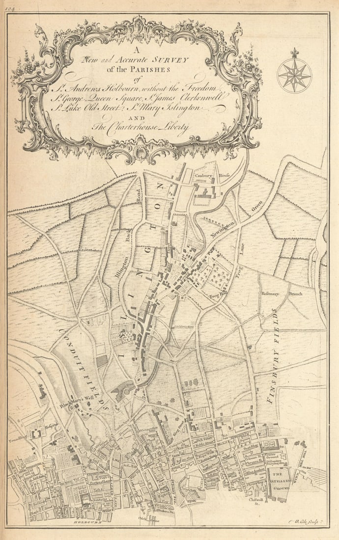Parishes of St Andrews, Holbourn… Clerkenwell Old Street Islington COLE 1760 map: New and Accurate Survey of the Parishes of St Andrew Holbourn, without the Freedom, St George Queen Square, St James Clerkenwell, St Luke Old Street, St Mary Islington, and the Charterhouse Liberty.'