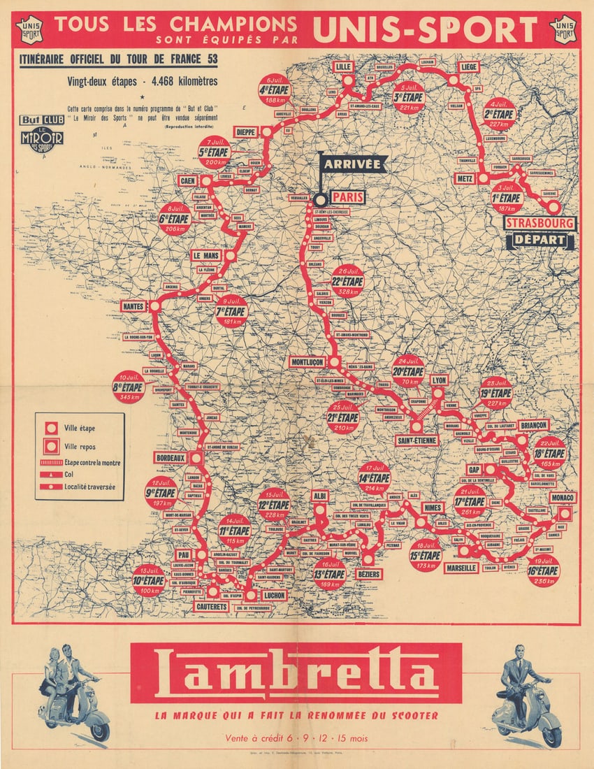 L'Itinéraire du Tour de France - Le Miroir des Sports. Cycling route map 1953: L'Itinéraire Officiel du Tour de France 53 - But et Club - Le Miroir des Sports'. The 1953 Tour de France covered 4,479 km over 22 stages, crossing into Belgium and Luxembourg. Celebrating its 50