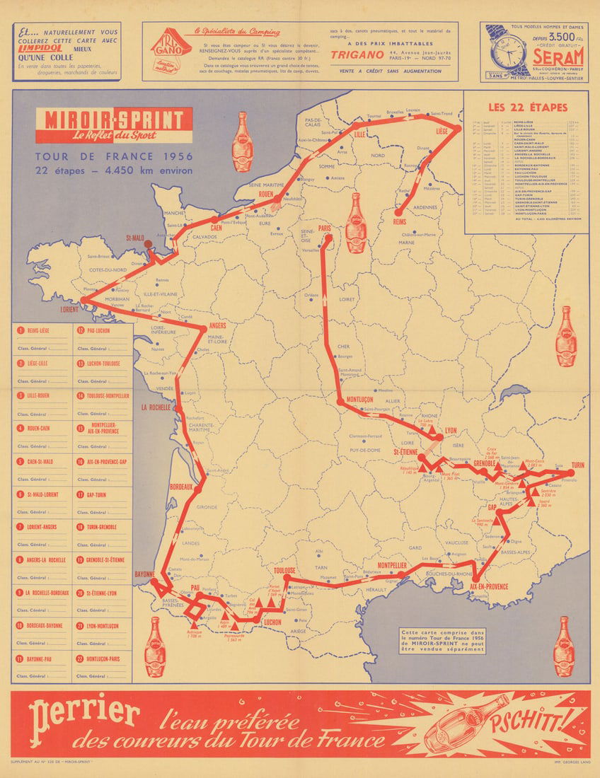 L'Itinéraire du Tour de France - Miroir-Sprint. Cycling route map 1956 old: Miroir-Sprint - Tour de France 1956'. The 1956 Tour de France covered 4,498 km over 22 stages and featured significant drama and unexpected results. The winner of the three previous editions, Louison