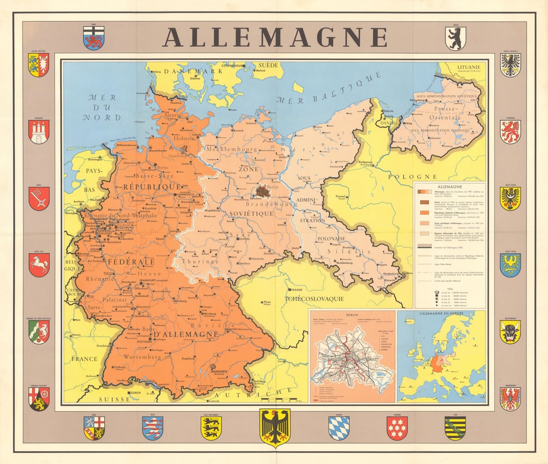 Allemagne. Post WW2 administration zones of pre-war Germany 1949 old map: Allemagne'. This large, colourful wall map illustrates the emerging post-World War II political landscape of Europe, focusing on Germany's territorial and administrative divisions, the 1937 borders,