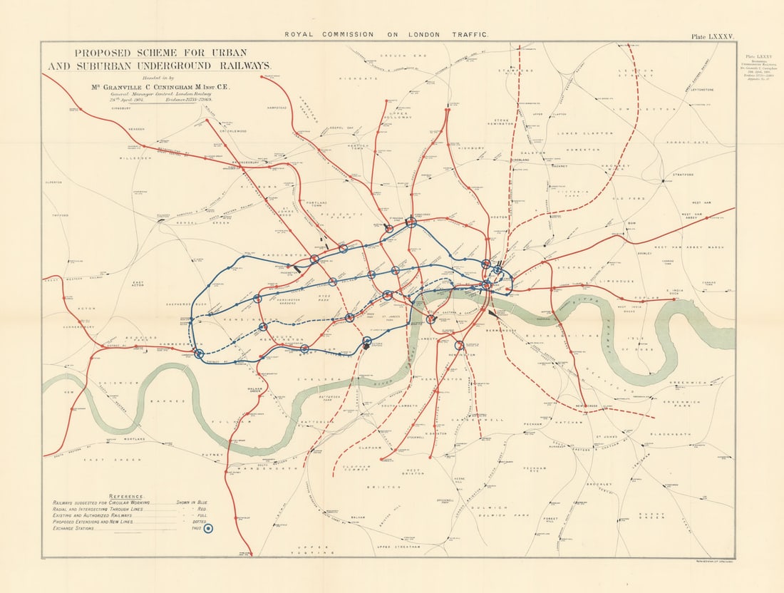 Proposed scheme for urban & suburban underground railways 1906 old antique map: Royal Commission on London Traffic. Proposed scheme for urban and suburban underground railways.'. Mr. Granville C. Cuningham, M. Inst. C. E.. Published 1906. Antique Royal Commission map plan. Size
