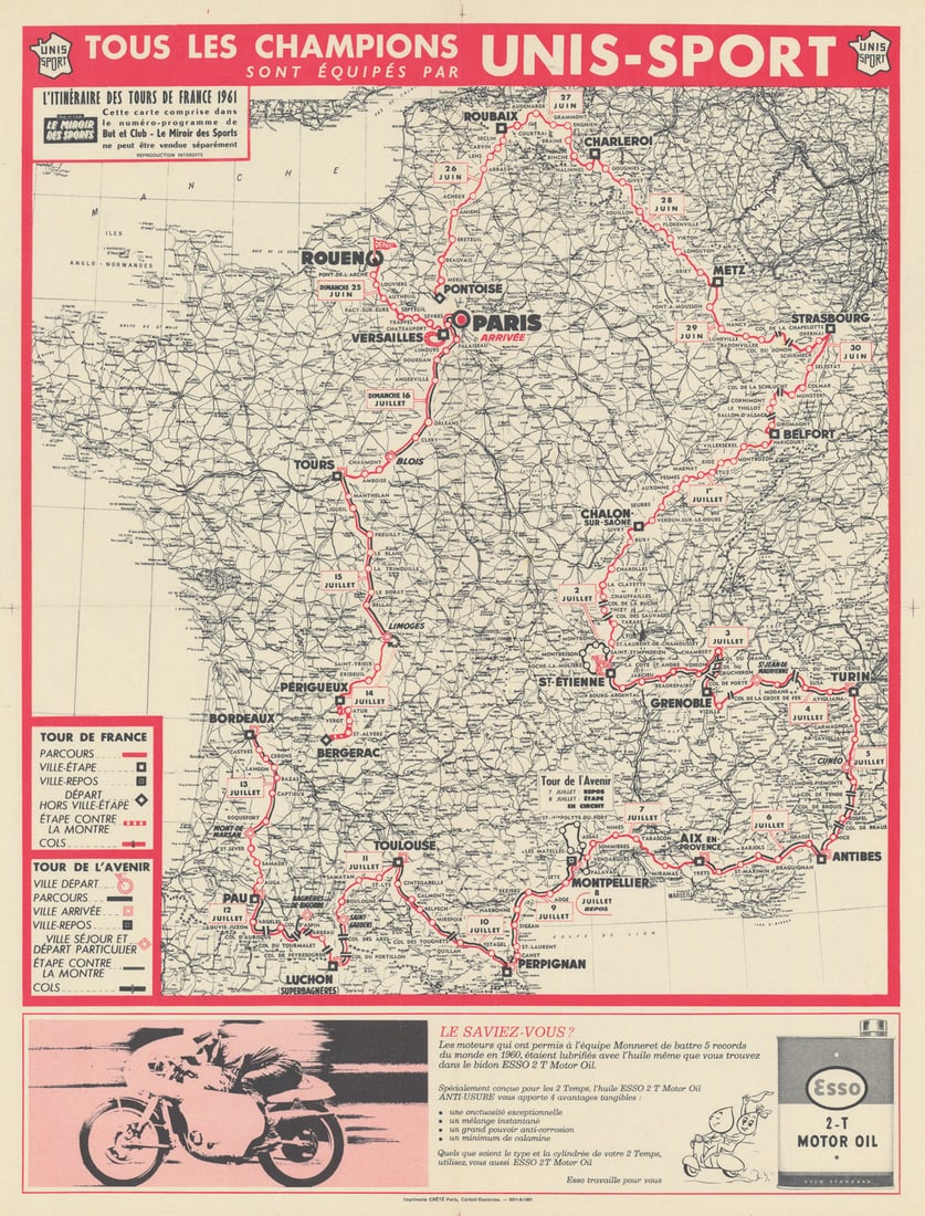 L'Itinéraire du Tour de France - Le Miroir des Sports. Cycling route map 1961: L'Itinéraire des Tours de France 1961 - But et Club - Le Miroir des Sports'. The 1961 Tour de France covered 4,397 km over 21 stages, marking the second of Jacques Anquetil’s five overall