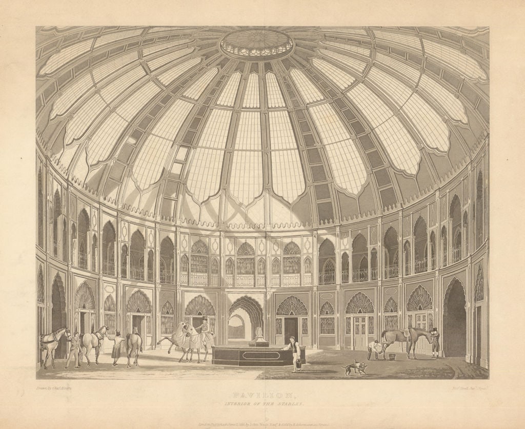 Brighton Royal Pavilion - Interior of the Stables. Now the Brighton Dome 1826: Pavilion - Interior of the Stables'. Shortly before his accession as George IV in 1820, the then Prince Regent commissioned John Nash to publish a deluxe guide to the Brighton Royal Pavilion, the new