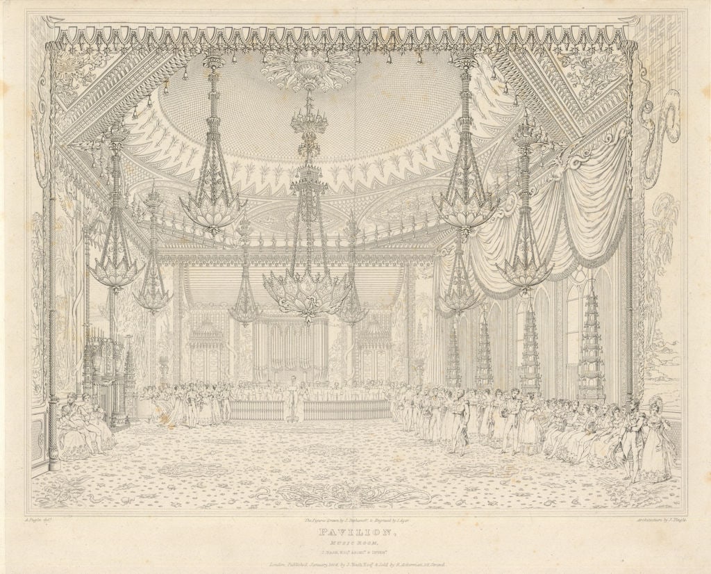 Brighton Royal Pavilion - Music Room - John Nash / Augustus Pugin 1826 print: Pavilion - Music Room - John Nash Esq.'. Shortly before his accession as George IV in 1820, the then Prince Regent commissioned John Nash to publish a deluxe guide to the Brighton Royal Pavilion, the
