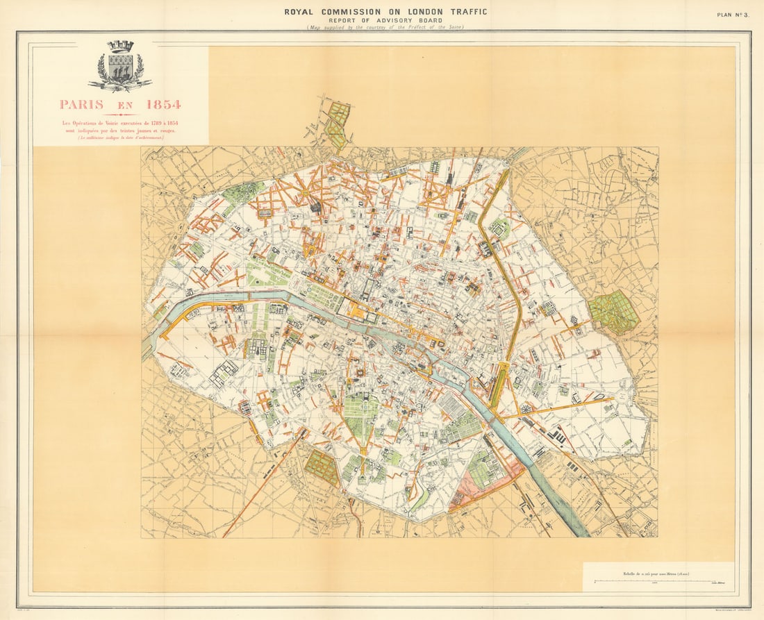 Paris showing 1789-1854 Napoleonic/pre-Haussmann boulevard improvements 1905 map: Royal Commission on London Traffic. Report of Advisory Board (Map supplied by the courtesy of the Prefect of the Seine). - Plan No 3 - Paris en 1854. Les opérations de voirie exécutées