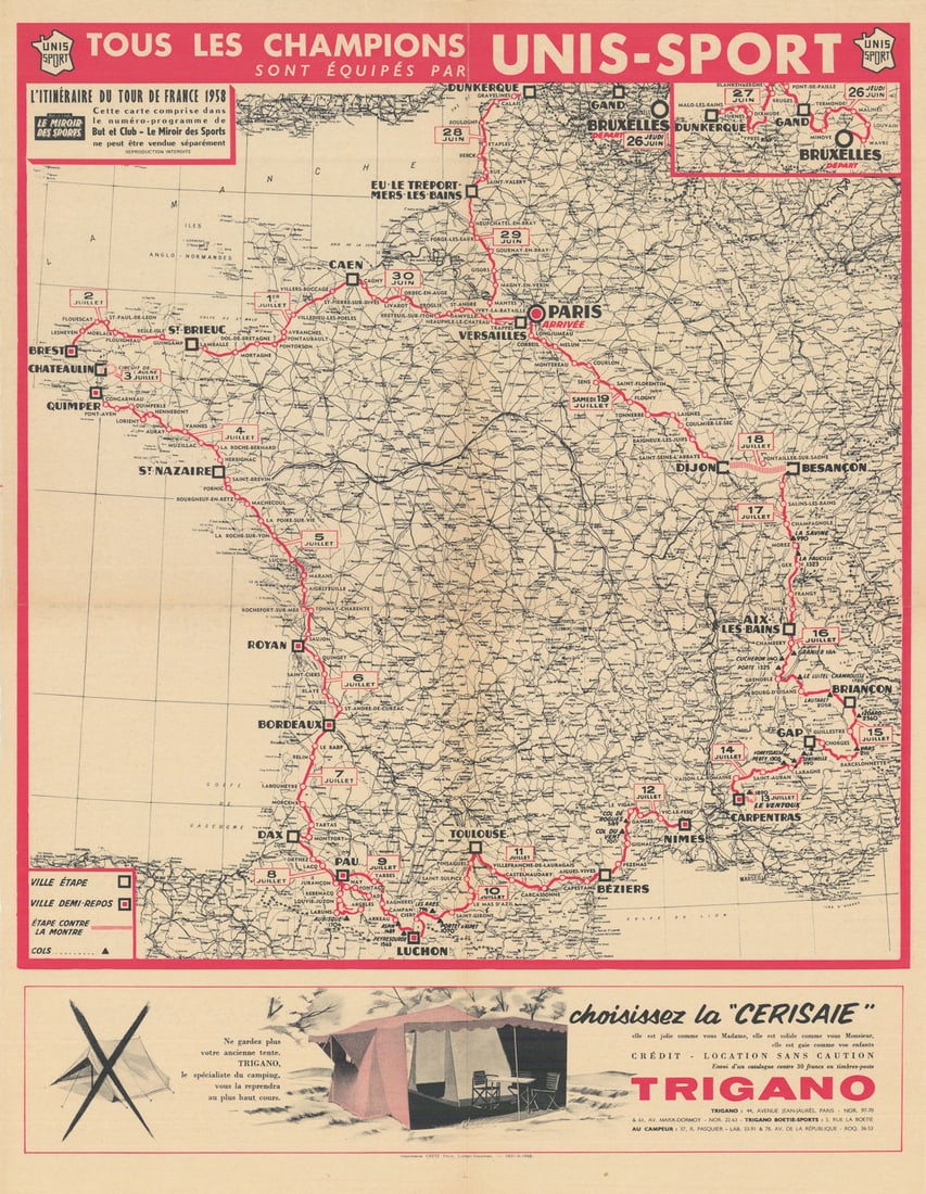 L'Itinéraire du Tour de France - Le Miroir des Sports. Cycling route map 1958: L'Itinéraire du Tour de France 1958 - But et Club - Le Miroir des Sports'. The 1958 Tour de France spanned 4,319 km across 24 stages, commencing in Belgium. Charly Gaul secured his first Tour vic