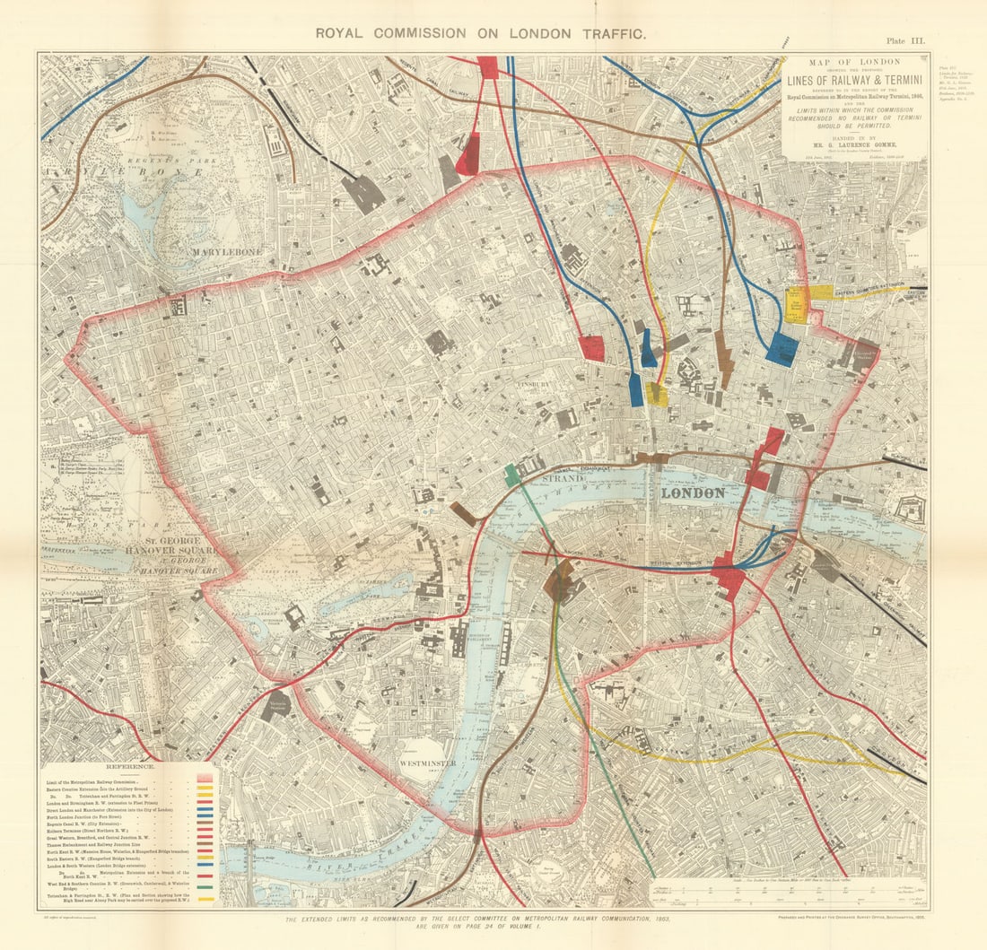 London proposed railway lines & termini. 1846 Royal Commission limits 1906 map: Royal Commission on London Traffic. Map of London Showing the Proposed Lines of Railway & Termini - Referred to in the Report of the Royal Commission on Metropolitan Railway Termini, 1846, and