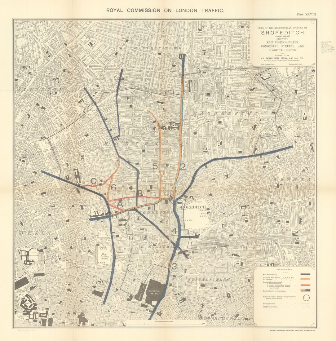 Shoreditch main roads, congestion, proposed improvements & tube lines 1906 map: Royal Commission on London Traffic. Plan of the Metropolitan Borough of Shoreditch (Revised 1894-96) showing main thoroughfares, congested streets, and suggested routes - Handed in by Mr. James Rush D
