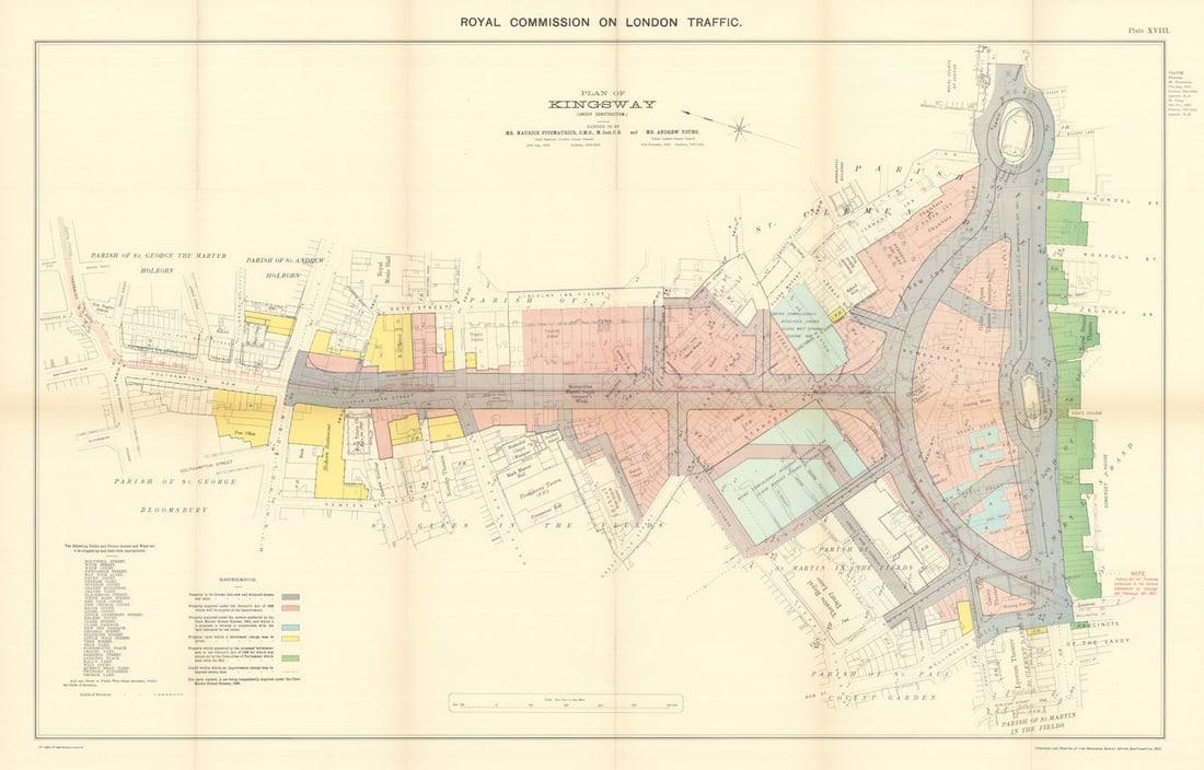 Plan of Kingsway & Aldwych under construction. Traffic Royal Commission 1906 map: Royal Commission on London Traffic. Plan of Kingsway (Under Construction) - Handed in by Mr. Maurice Fitzmaurice, C.M.G., M. Inst. C.E., Chief Engineer, London County Council, 11th July 1903, and Mr.