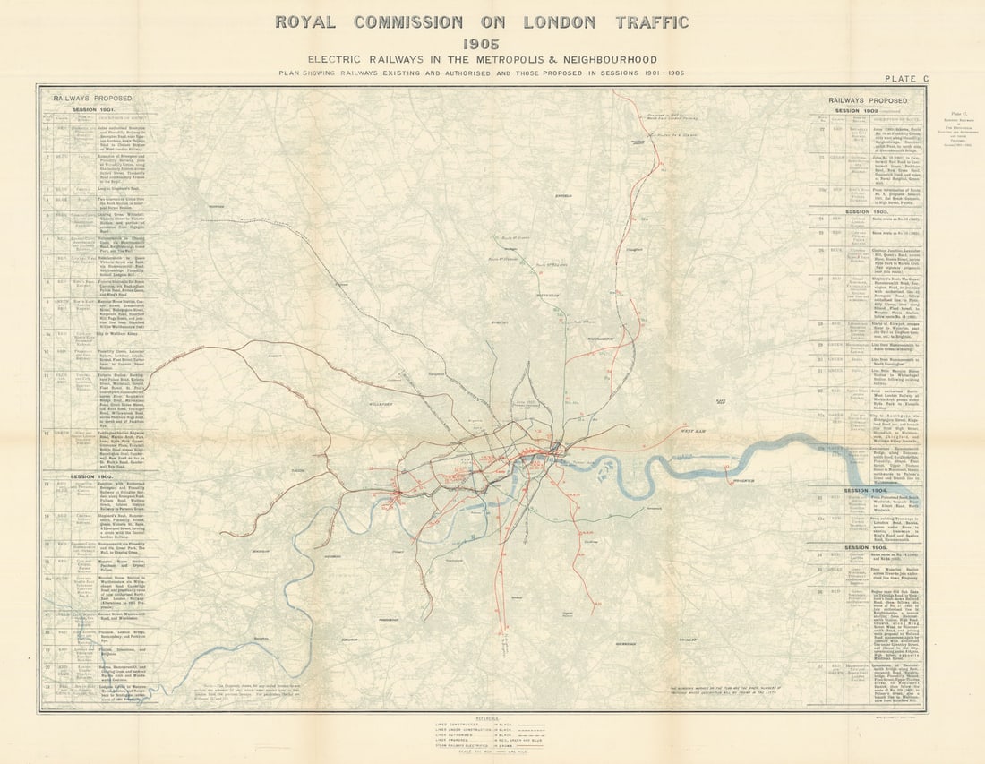 London Electric Railways. Existing, authorised & proposed 1901/5. Tube 1906 map: Royal Commission on London Traffic 1905 - Electric Railways in the Metropolis & Neighbourhood - Plan Showing Railways Existing and Authorised and Those Proposed in Sessions 1901-1905'. Weller & Gr